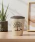 Preview: High-quality pet urn for dogs in beige with a velvety finish, laser-engraved tree of life and dog silhouette, including a brown screw lid – A dignified memorial for a cherished pet.